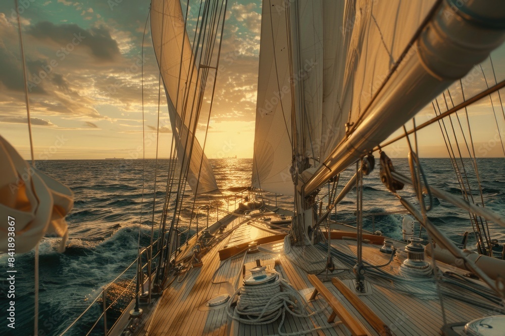 Poster a sailboat sails across the ocean as the sun sets in the background, with the sky transitioning from