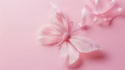 Obraz premium Pink butterfly ribbon hair accessory on pink backdrop