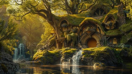Fototapeta premium A house with a green roof and a waterfall in front of it
