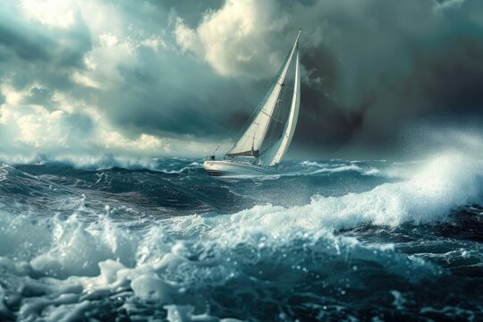 A sailboat struggles to stay afloat in the midst of turbulent waters, suitable for use in scenarios requiring imagery of weather challenges or adventure