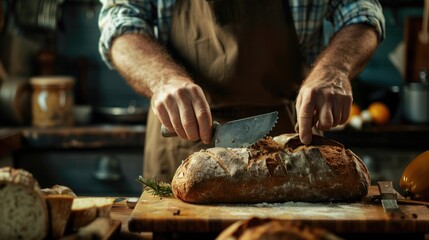 A person slicing a loaf of bread on a wooden cutting board, possibly for sandwich or snack preparation