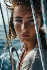 A woman with freckled hair sitting on a boat, great for travel or outdoor use