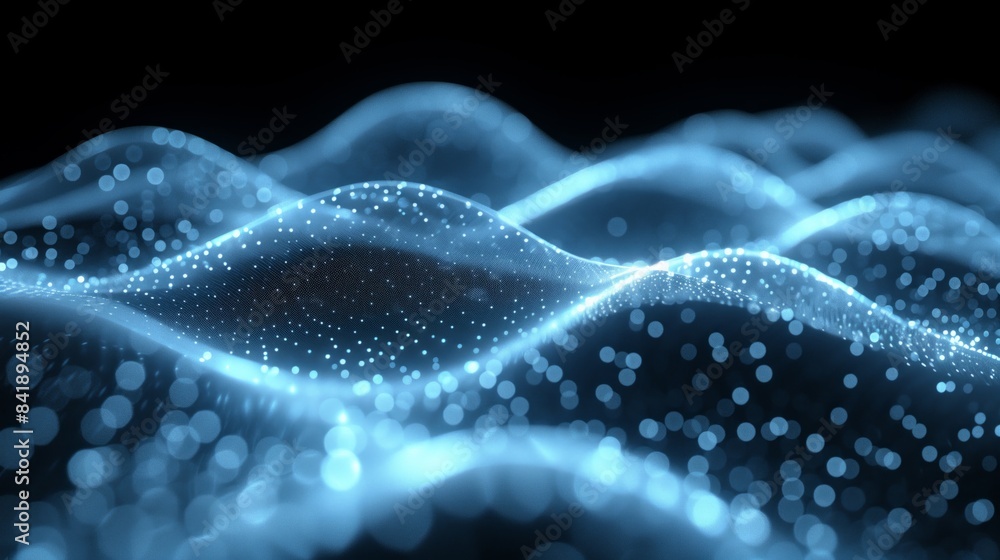 Poster dynamic abstract wave pattern with glowing dots symbolizes data flow and digital technology advancem