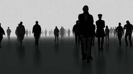 Silhouettes of many people walking slowly in fog. People, spirits, phantoms, walking in mist, haze, after life plane. Slow motion. 3d render illustration