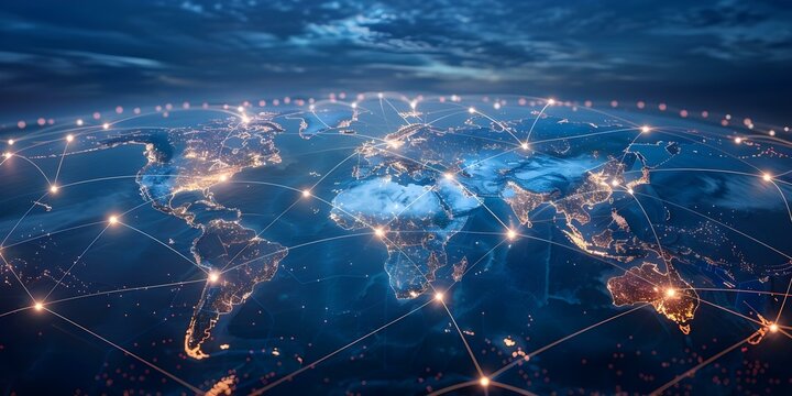 World map connecting flight paths in global business network. Concept Global Business Network, World Map, Flight Paths