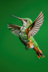 Fototapeta premium A hummingbird's wings are spread as it flies through the air, capturing the moment of its aerial acrobatics