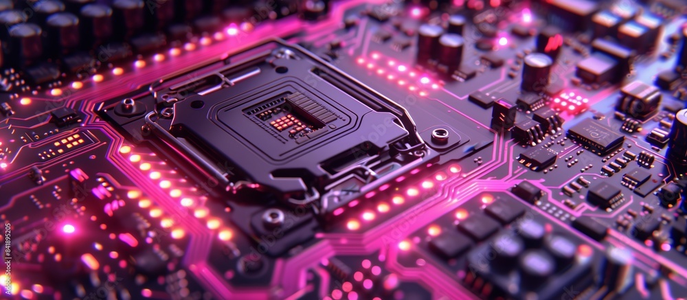 Poster a high-resolution image showcasing a futuristic purple circuit board with detailed close-up of a mic