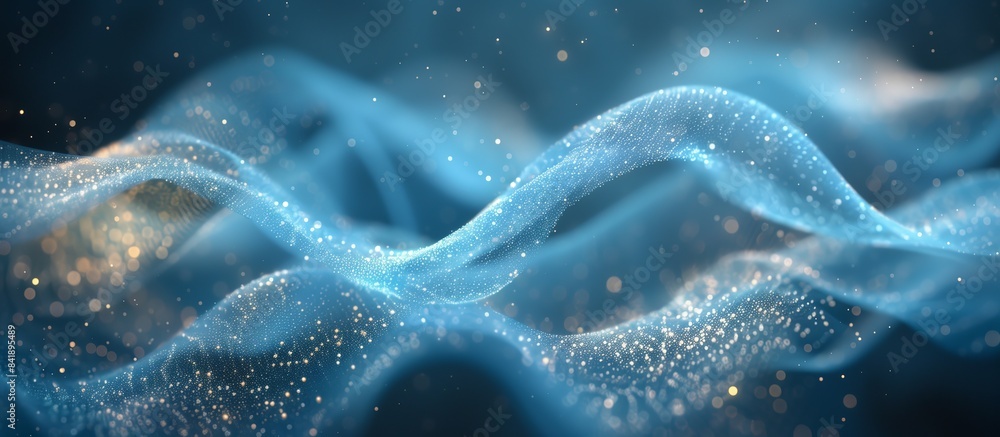 Poster dark backdrop, abstract scene with blue waves and shimmering particles create mesmerizing visual exp