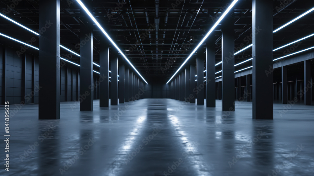 Poster big black empty clean warehouse. background image. created with generative ai technology.