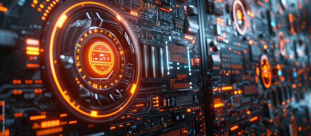 Poster high-tech circuit board with vibrant orange illumination, representing advanced technology concepts