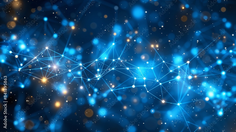 Poster explore a dynamic visualization of an interconnected network with glowing blue lines and particles o