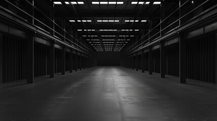 Big black empty clean warehouse. Background image. Created with Generative AI technology.
