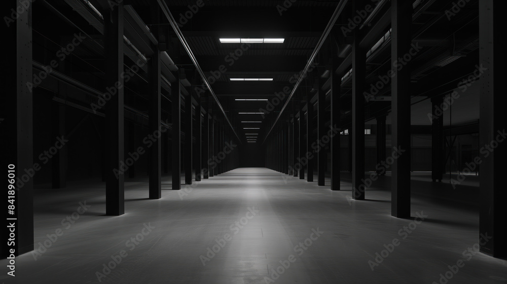 Poster big black empty clean warehouse. background image. created with generative ai technology.