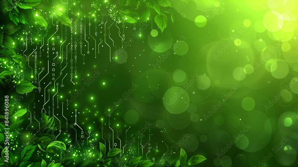 Poster an abstract digital background combining green nature elements with glowing bokeh lights and technol