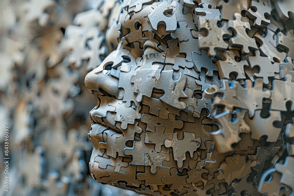 Poster a 3d figurine constructed from interlocking puzzle pieces in the shape of a metal head, great for sc
