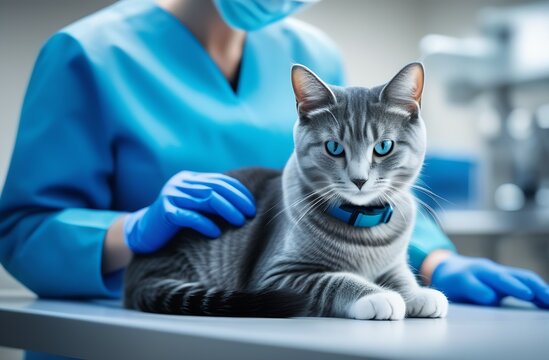 Veterinarian in medical mask, gloves and blue uniform strokes gray cat lying on table, concept of medical care for pets, protection of health of animals, consultation, diagnosis, treatment, therapy