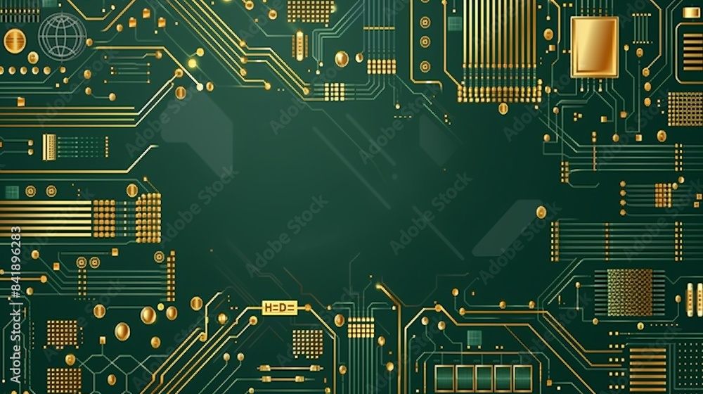 Poster intricate circuit board design with green and gold, ideal for techrelated presentations and project