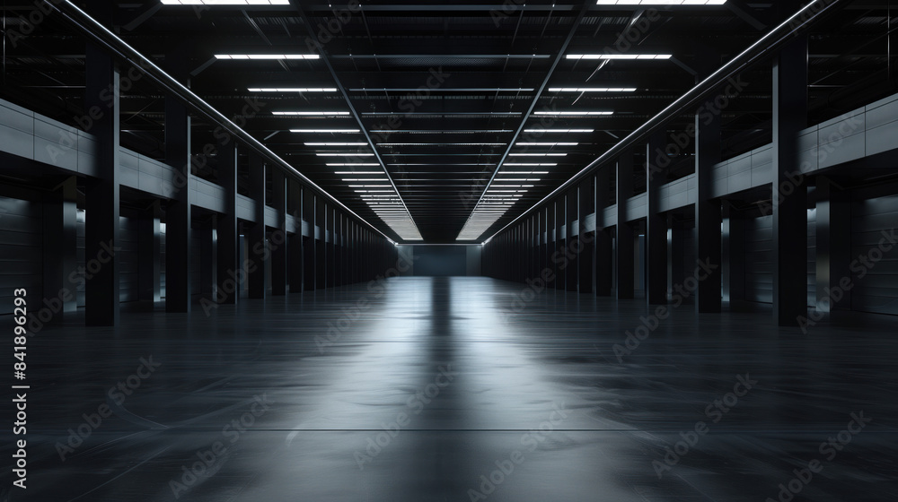 Poster big black empty clean warehouse. background image. created with generative ai technology.