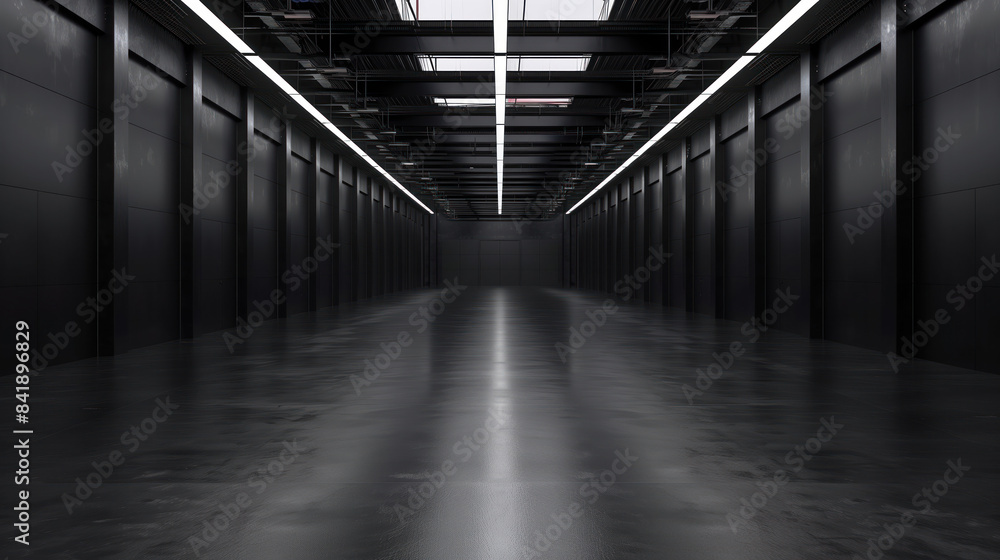 Poster big black empty clean warehouse. background image. created with generative ai technology.