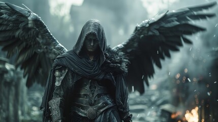 Fototapeta premium A man in a black cloak stands in front of a large black angel