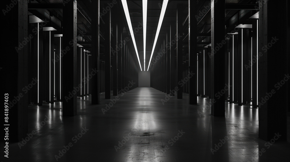 Poster big black empty clean warehouse. background image. created with generative ai technology.