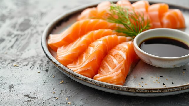 minimalist plate of fresh salmon sashimi with a dipping bowl of soy sauce, isolated on a light gray background. 
