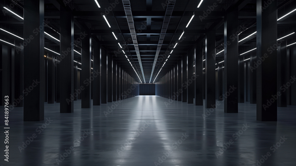 Poster big black empty clean warehouse. background image. created with generative ai technology.