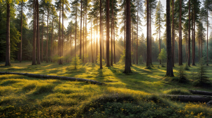 Forest bathed in soft and golden light of sun, tranquil woodland. Generative AI