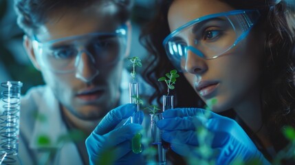 Professional Man and Woman Scientists Conducting Plant Research in Laboratory. Generative ai