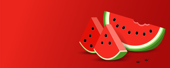 Half a watermelon and juicy slices with seeds, isolated on a red background. Realistic illustration of triangular watermelon slices. Vector piece watermelon.