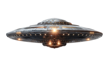 Alien spaceship on transparent background. Classic flying saucer UFO. Alien abduction concept