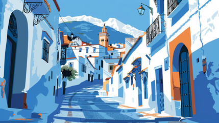 copy space, vector illustration, touristic publicity poster of Chefchaouen, a blue city in Morocco.  simple flat 2D illustration, hand drawn, Chefchaouen. Beautiful view the centre of Chafchaouen with