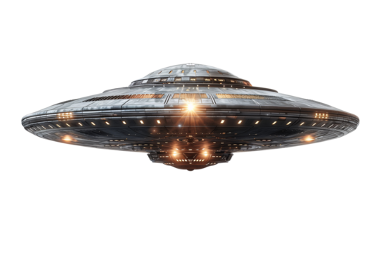 Alien spaceship on transparent background. Classic flying saucer UFO. Alien abduction concept
