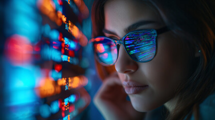 Futuristic woman with glowing glasses analyzing data, representing cyber technology, programming, and data analysis.