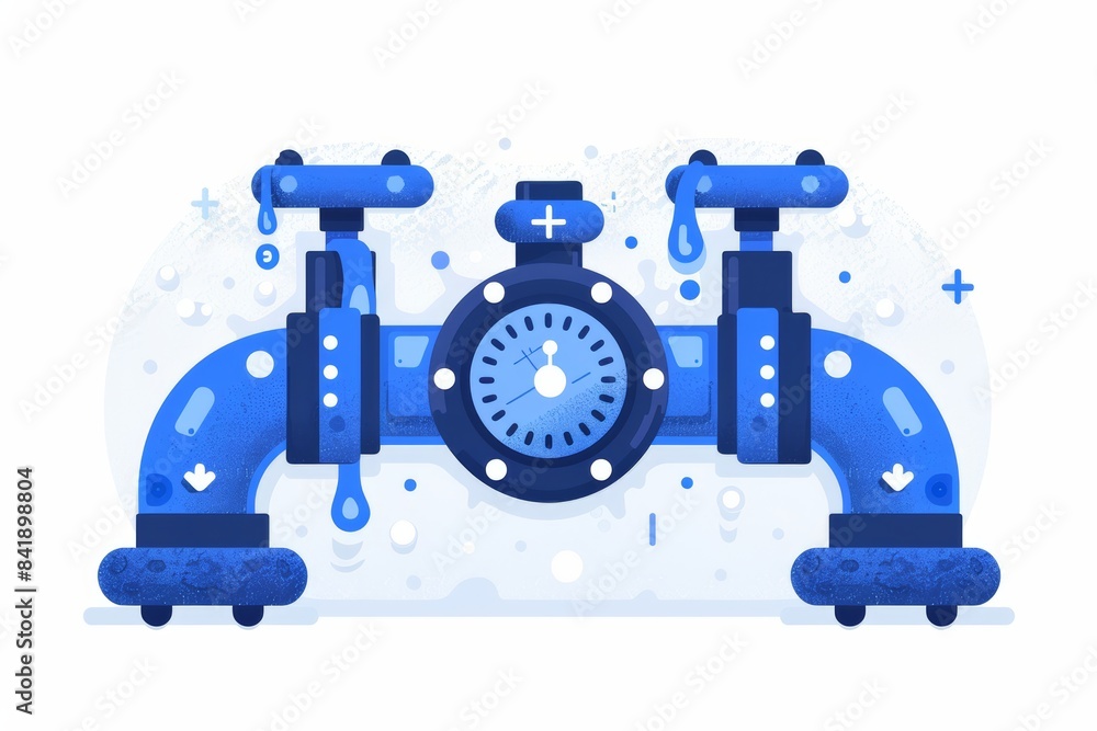 Poster A detailed illustration of an industrial system integrating a large clock, showcasing a network of blue pipes, valves, and gauges, Generativ AI
