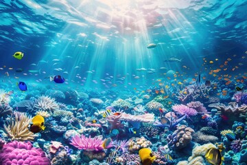 Fototapeta na wymiar A vibrant coral reef teeming with various species of fish, perfect for use in educational or promotional materials