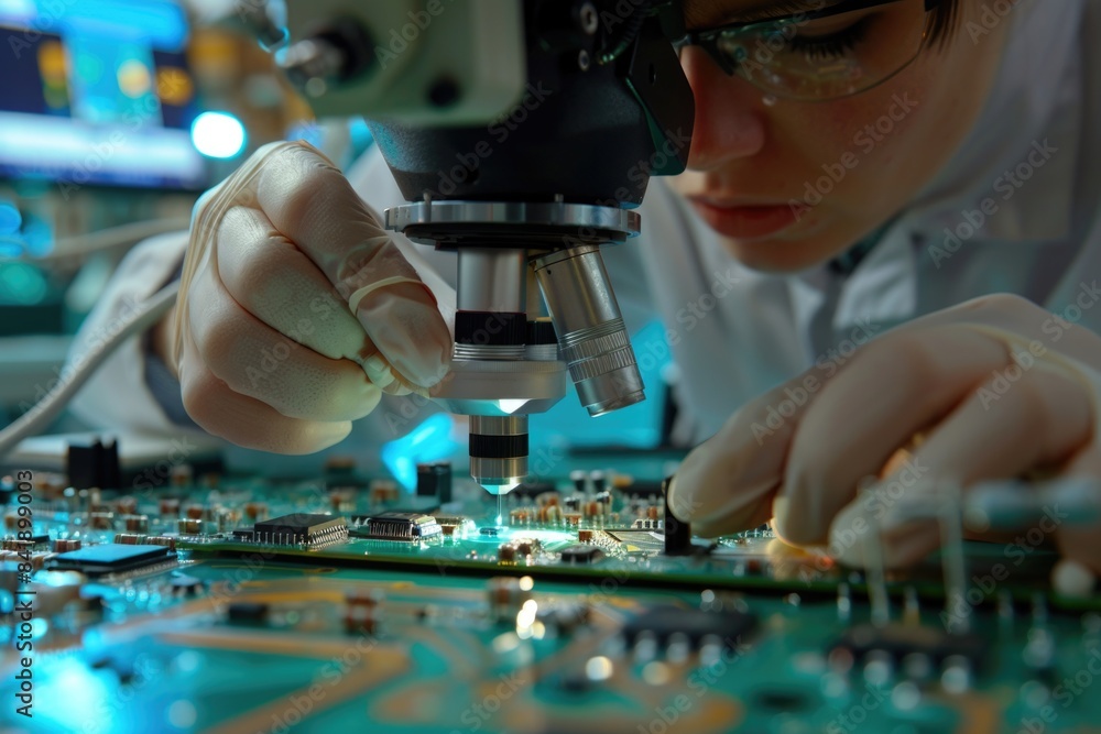 Poster a close-up view of a woman working on a circuit board in a cleanroom setting