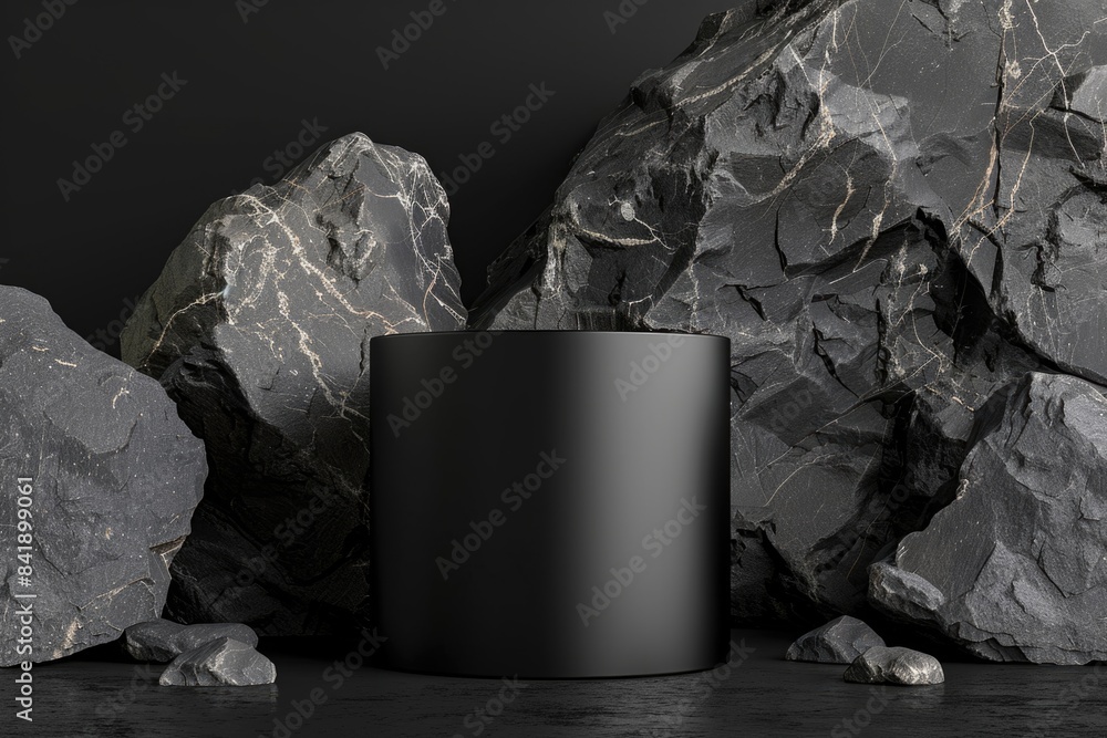 Poster a black vase sits atop a pile of rocks, perfect for use in still life photography or as a decorative