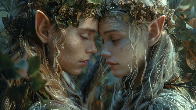 Two women with elf ears and wreaths on their heads are hugging each other