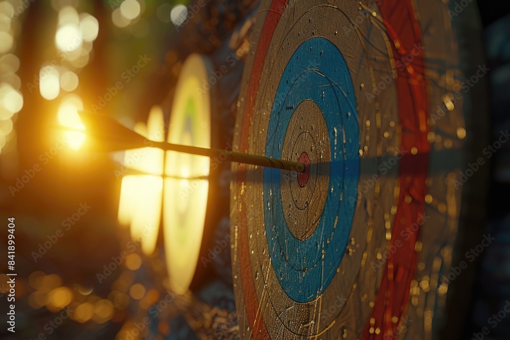 Poster A close-up shot of a target with an arrow stuck in it, suitable for use in various contexts including hunting and outdoor activities