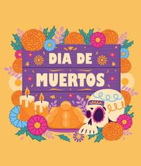 Letrero día de muertos, decorado con cempasúchil, velas, pan de muerto y calaverita de azúcar, México