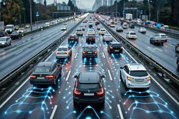 The future is now self-driving cars navigate a busy highway at night. This intersection shows the potential of autonomous vehicles to improve traffic flow and safety