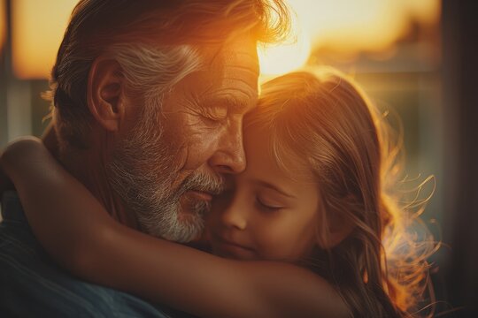 A touching moment between a grandfather and granddaughter as they embrace warmly at sunset, capturing love and family bonds.