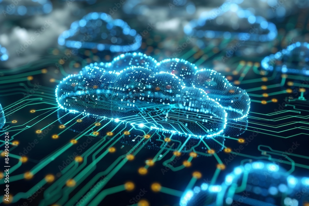 Aufkleber an abstract glowing blue cloud on a black background with a circuit board pattern. the cloud is 3d a
