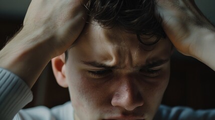 Fototapeta premium A person struggling with emotions or stress, possibly feeling overwhelmed