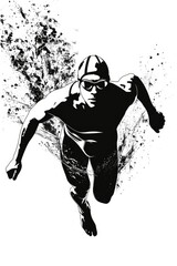 A black and white drawing of a man in motion, running with determination