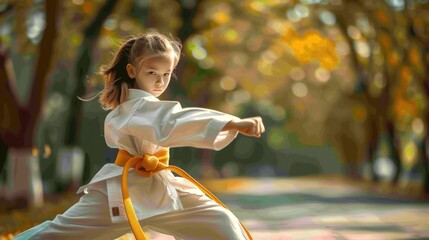 A young girl wearing a white karate uniform, perfect for martial arts or sport-themed images