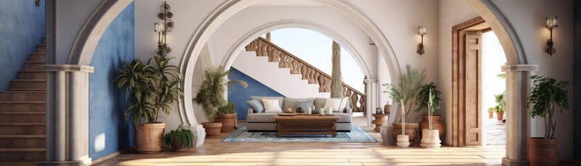 A large, open room with white furniture and a lot of greenery. The room has a very elegant and sophisticated feel to it