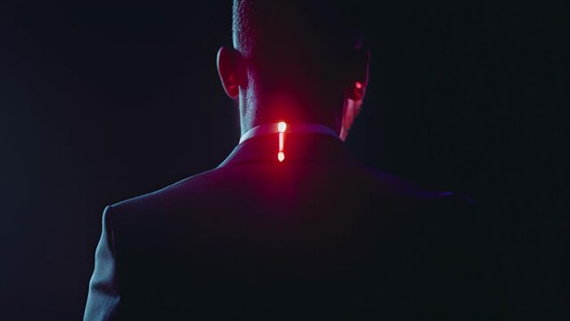 A busy businessman wearing a suit with builtin posture sensors that remind him to sit up straight and stretch periodically to prevent back pain.