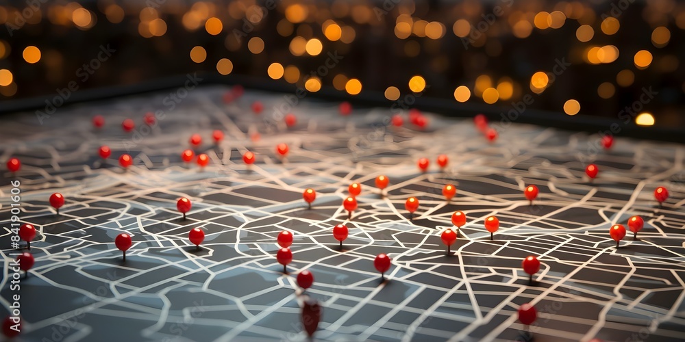 Poster cityscape network with red map pin symbolizing gps navigation technology. concept cityscape, network